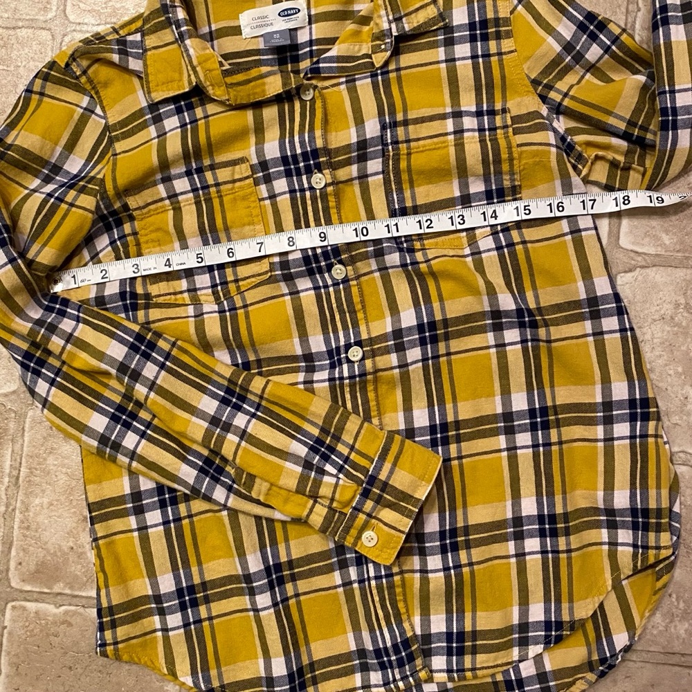 Old Navy | Golden Yellow & Navy Plaid Flannel Shirt | Fall Layering | XS - Picture 2 of 4